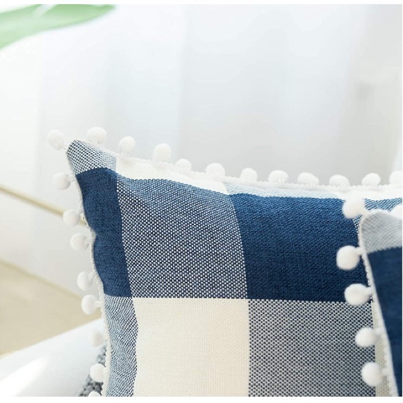 Classic Blue/White Gingham Pompom Farmhouse Preppy Throw Pillow Cover Set - Picture 3 of 8